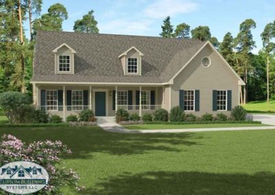 Capes-Salem Home Option: Tan two-level home with green shutters.